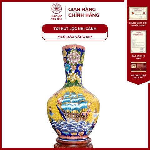 Tỏi Ống Nhị Cảnh Thuận Buồm Xuôi Gió, Mã Đáo Thành Công Men Màu Vẽ Vàng Kim Gốm Sứ Bát Tràng - Phúc Lộc Viên Minh
