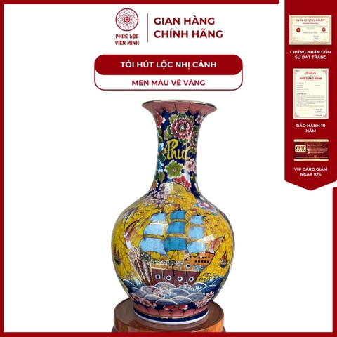 Tỏi Hút Lộc Dáng Loe Nhị Công Đào, Thuận Buồm Xuôi Gió Men Màu Vẽ Vàng Gốm Sứ Bát Tràng - Phúc Lộc Viên Minh