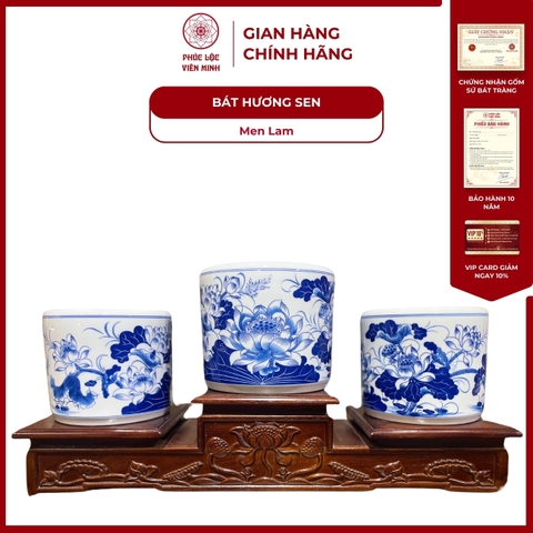 Bát Hương Họa Tiết Sen Men Lam Gốm Sứ Bát Tràng - Phúc Lộc Viên Minh