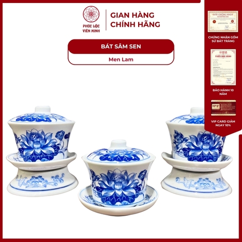 Bát Sâm Họa Tiết Sen Men Lam Gốm Sứ Bát Tràng - Phúc Lộc Viên Minh