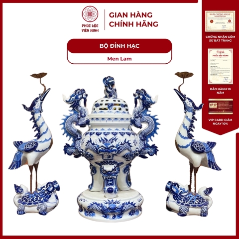 Bộ Đỉnh Hạc Men Lam Cao Cấp Gốm Sứ Bát Tràng - Phúc Lộc Viên Minh