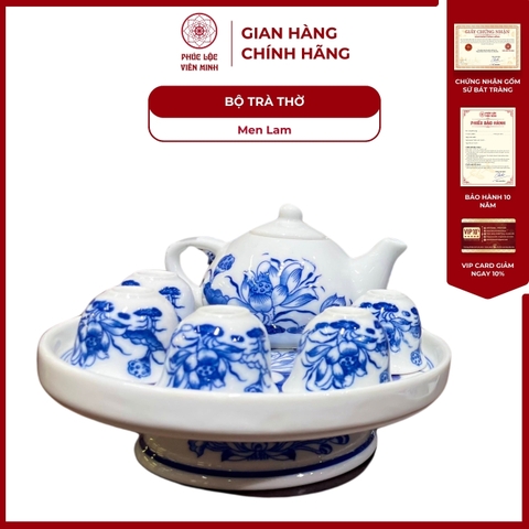 Bộ Trà Thờ Họa Tiết Sen Men Lam Gốm Sứ Bát Tràng - Phúc Lộc Viên Minh