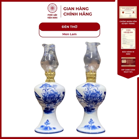 Đèn Dầu Thờ Họa Tiết Sen Men Lam Gốm Sứ Bát Tràng - Phúc Lộc Viên Minh