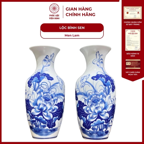 Đôi Lộc Bình Họa Tiết Sen Men Lam Gốm Sứ Bát Tràng - Phúc Lộc Viên Minh