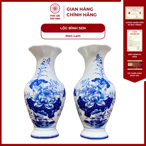 Đôi Lộc Bình Miệng Lượn Họa Tiết Sen Men Lam Gốm Sứ Bát Tràng - Phúc Lộc Viên Minh