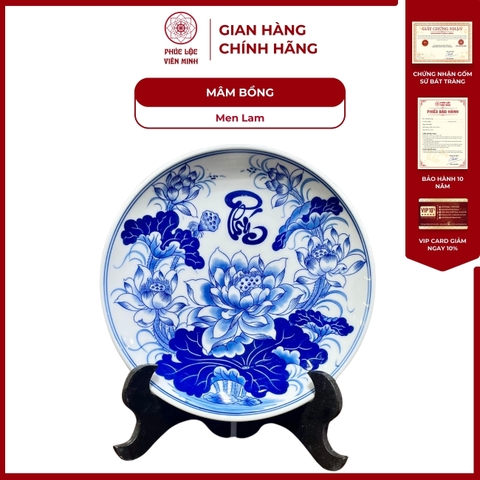 Mâm Bồng Họa Tiết Sen Men Lam Gốm Sứ Bát Tràng - Phúc Lộc Viên Minh