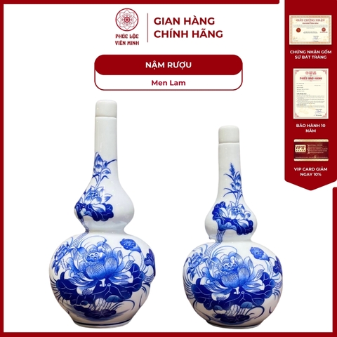 Nậm Rượu 2 Bầu Họa Tiết Sen Men Lam Gốm Sứ Bát Tràng - Phúc Lộc Viên Minh