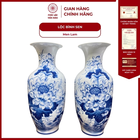 Đôi Lộc Bình Họa Tiết Sen Kỹ Men Lam Gốm Sứ Bát Tràng - Phúc Lộc Viên Minh