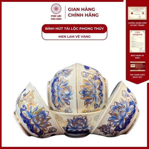 Bát Thờ Họa Tiết Sen Men Lam Vẽ Vàng Gốm Sứ Bát Tràng - Phúc Lộc Viên Minh