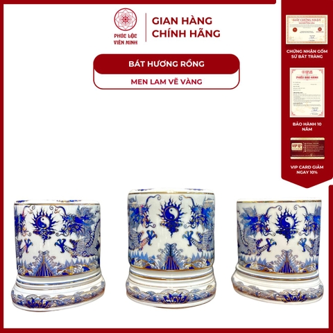 Bát Hương Họa Tiết Rồng Men Lam Vẽ Vàng (Không Kèm Đế) Gốm Sứ Bát Tràng - Phúc Lộc Viên Minh