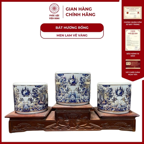 Bát Hương Họa Tiết Rồng (Không Kèm Đế) Men Lam Vẽ Vàng Gốm Sứ Bát Tràng - Phúc Lộc Viên Minh