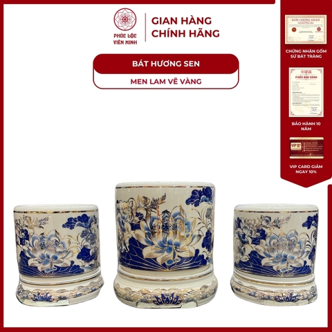 Bát Hương Họa Tiết Sen(Không Đế) Men Lam Vẽ Vàng Gốm Sứ Bát Tràng - Phúc Lộc Viên Minh