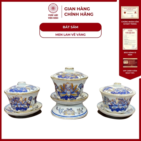 Bát Sâm Họa Tiết Sen Men Lam Vẽ Vàng Gốm Sứ Bát Tràng - Phúc Lộc Viên Minh