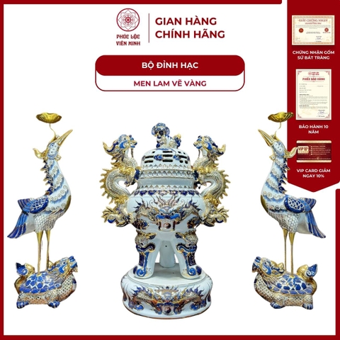 Bộ Đỉnh Hạc Men Lam Vẽ Vàng Gốm Sứ Bát Tràng - Phúc Lộc Viên Minh