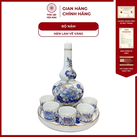 Bộ Nậm 5 Chén Cúng Sen Men Lam Vẽ Vàng Gốm Sứ Bát Tràng - Phúc Lộc Viên Minh