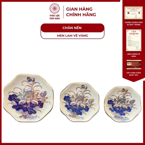 Chân Nến Họa Tiết Sen Men Lam Vẽ Vàng Gốm Sứ Bát Tràng - Phúc Lộc Viên Minh