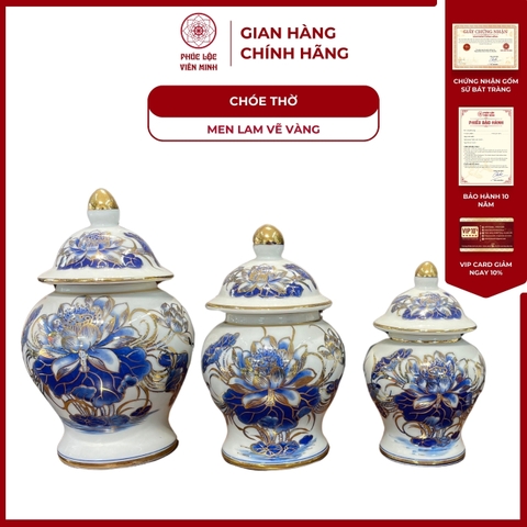 Chóe Thờ Họa Tiết Sen Men Lam Vẽ Vàng Gốm Sứ Bát Tràng - Phúc Lộc Viên Minh