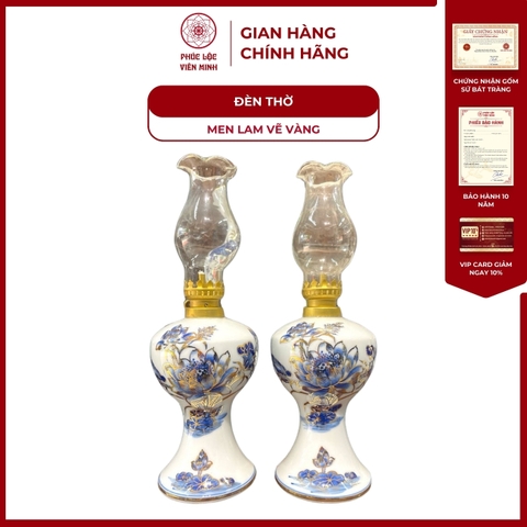 Đèn Thờ Họa Tiết Sen Men Lam Vẽ Vàng Gốm Sứ Bát Tràng - Phúc Lộc Viên Minh