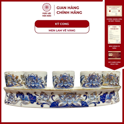 Kỷ Cong Họa Tiết Sen Men Lam Vẽ Vàng Gốm Sứ Bát Tràng - Phúc Lộc Viên Minh