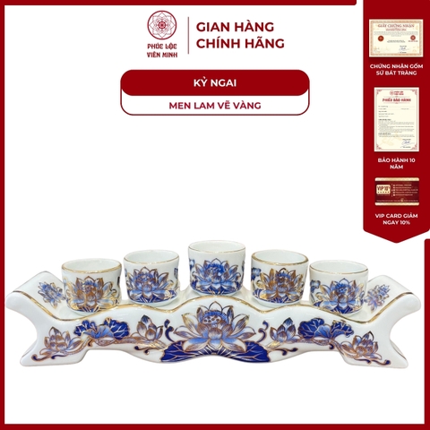 Kỷ Ngai Họa Tiết Sen Men Lam Vẽ Vàng Gốm Sứ Bát Tràng - Phúc Lộc Viên Minh