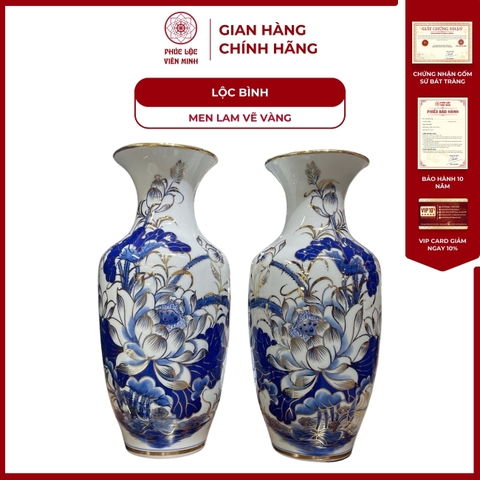 Đôi Lộc Bình Sen Men Lam Vẽ Vàng Gốm Sứ Bát Tràng - Phúc Lộc Viên Minh