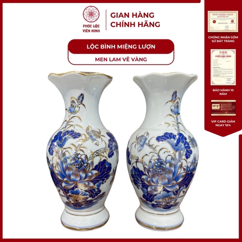 Đôi Lộc Bình Miệng Lượn Họa Tiết Sen Men Lam Vẽ Vàng Gốm Sứ Bát Tràng - Phúc Lộc Viên Minh