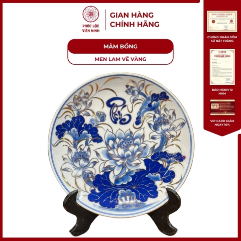 Mâm Bồng Họa Tiết Sen Men Lam Vẽ Vàng Gốm Sứ Bát Tràng - Phúc Lộc Viên Minh