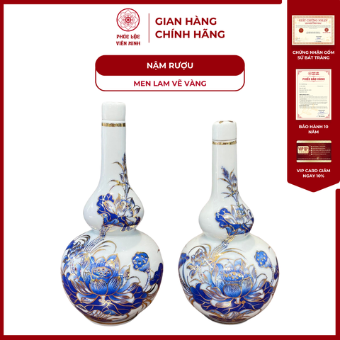 Nậm Rượu Hai Bầu Họa Tiết Sen Men Lam Vẽ Vàng Gốm Sứ Bát Tràng - Phúc Lộc Viên Minh