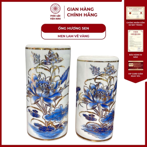 Ống Hương Họa Tiết Sen Men Lam Vẽ Vàng Gốm Sứ Bát Tràng - Phúc Lộc Viên Minh