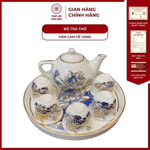 Bộ Trà Thờ 5 Chén Họa Tiết Sen Men Lam Vẽ Vàng Gốm Sứ Bát Tràng - Phúc Lộc Viên Minh
