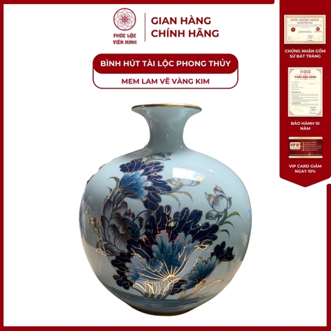 Bình Hút Lộc Đơn Cảnh Lý Ngư Vọng Nguyệt Men Lam Vẽ Vàng Kim Gốm Sứ Bát Tràng - Phúc Lộc Viên Minh