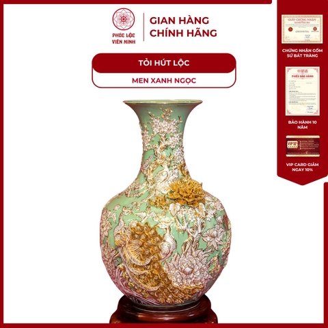 Tỏi Công Danh Phú Quý Họa Tiết Trắng 60cm Men Xanh Ngọc Vẽ Vàng Gốm Sứ Bát Tràng - Phúc Lộc Viên Minh