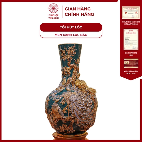 Tỏi Cổ Thẳng Phú Quý Trường Xuân Men Xanh Lục Bảo Vẽ Vàng Gốm Sứ Bát Tràng - Phúc Lộc Viên Minh