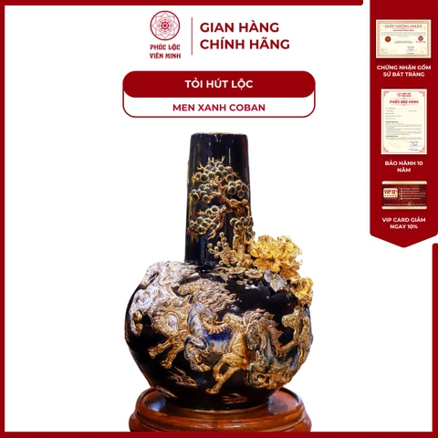 Tỏi Cổ Thẳng Mã Đáo Thành Công Men Xanh Coban Vẽ Vàng Gốm Sứ Bát Tràng - Phúc Lộc Viên Minh