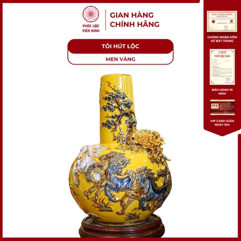 Tỏi Cổ Thẳng Mã Đáo Thành Công Men Vàng Vẽ Vàng Gốm Sứ Bát Tràng - Phúc Lộc Viên Minh