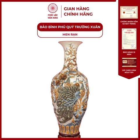 Bảo Bình Phú Quý Trường Xuân 1m3 Men Rạn Đắp Nổi Gốm Sứ Bát Tràng - Phúc Lộc Viên Minh