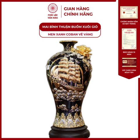 Mai Bình Thuận Buồm Xuôi Gió Xanh Coban Vẽ Vàng Gốm Sứ Bát Tràng 45cm - Phúc Lộc Viên Minh