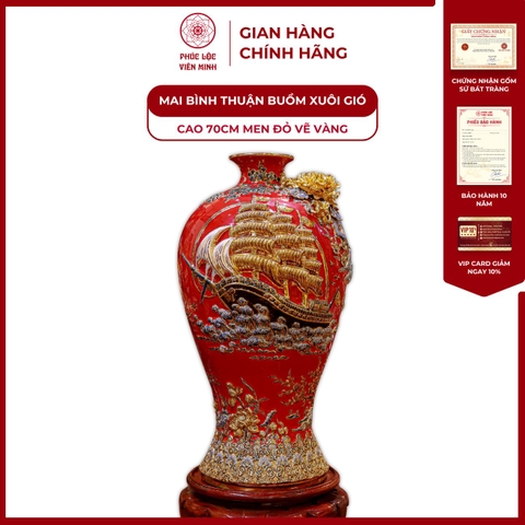 Mai Bình Thuận Buồm Xuôi Gió Cao 70cm Men Đỏ Vẽ Vàng Gốm Sứ Bát Tràng - Phúc Lộc Viên Minh