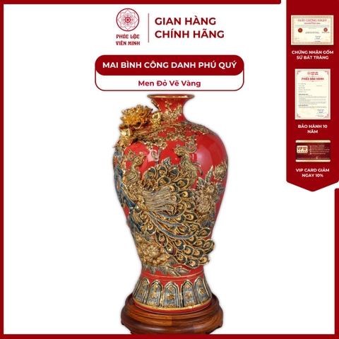 Mai Bình Công Danh Phú Quý Men Đỏ Vẽ Vàng Gốm Sứ Bát Tràng - Phúc Lộc Viên Minh