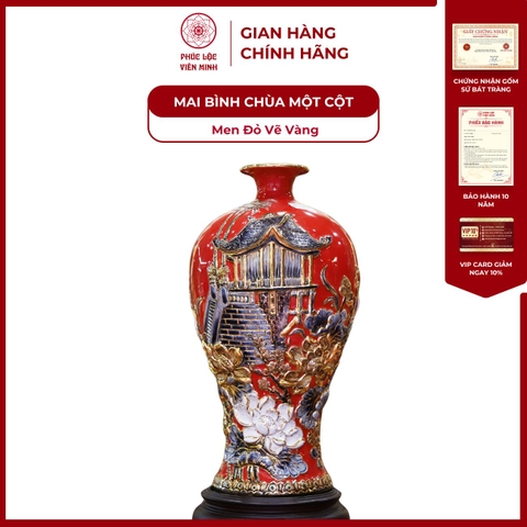 Mai Bình Chùa Một Cột Men Đỏ Vẽ Vàng Gốm Sứ Bát Tràng - Phúc Lộc Viên Minh