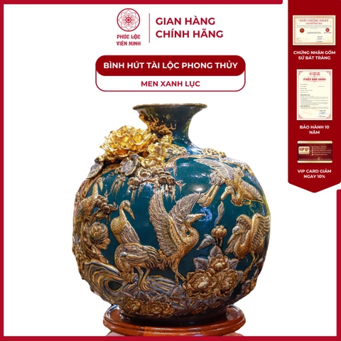 Bình Hút Lộc Tùng Hạc Diên Niên Men Xanh Lục Vẽ Vàng Gốm Sứ Bát Tràng - Phúc Lộc Viên Minh