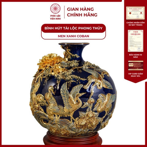 Bình Hút Lộc Tùng Hạc Diên Niên Men Xanh Coban Vẽ Vàng Gốm Sứ Bát Tràng - Phúc Lộc Viên Minh