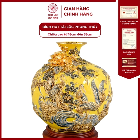 Bình Hút Lộc Tùng Hạc Diên Niên Men Vàng Vẽ Vàng Gốm Sứ Bát Tràng - Phúc Lộc Viên Minh