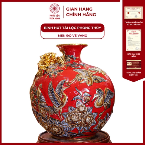 Bình Hút Lộc Tùng Hạc Diên Niên Men Đỏ Vẽ Vàng Gốm Sứ Bát Tràng - Phúc Lộc Viên Minh