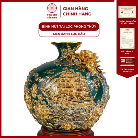 Bình Hút Lộc Thuận Buồm Xuôi Gió Men Xanh Lục Bảo Vẽ Vàng Gốm Sứ Bát Tràng - Phúc Lộc Viên Minh