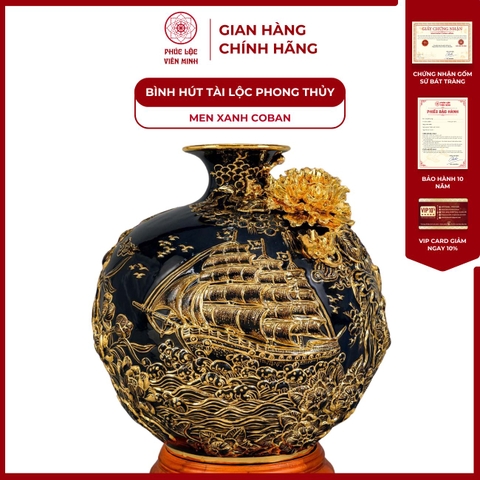 Bình Hút Lộc Thuận Buồm Xuôi Gió Men Xanh Coban 1 Màu Vẽ Vàng Gốm Sứ Bát Tràng - Phúc Lộc Viên Minh