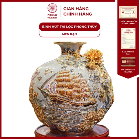 Bình Hút Lộc Thuận Buồm Xuôi Gió Men Rạn Vẽ Vàng Gốm Sứ Bát Tràng - Phúc Lộc Viên Minh