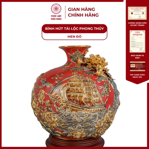 Bình Hút Lộc Thuận Buồm Xuôi Gió Men Đỏ Vẽ Vàng Gốm Sứ Bát Tràng - Phúc Lộc Viên Minh