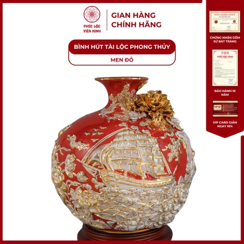 Bình Hút Lộc Thuận Buồm Xuôi Gió Men Đỏ Họa Tiết Trắng Vẽ Vàng Gốm Sứ Bát Tràng - Phúc Lộc Viên Minh