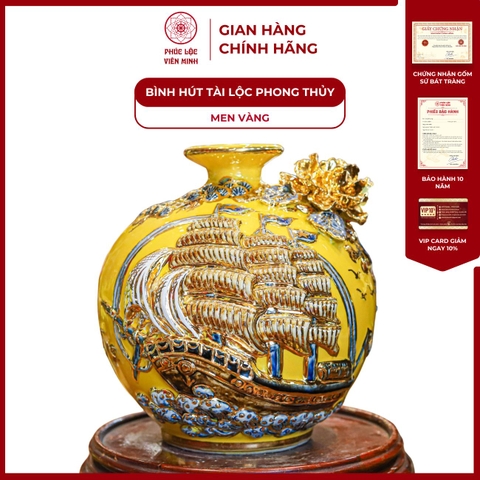 Bình Hút Lộc Thuận Buồm Xuôi Gió Cao 23cm Men Vàng Vẽ Vàng Gốm Sứ Bát Tràng - Phúc Lộc Viên Minh